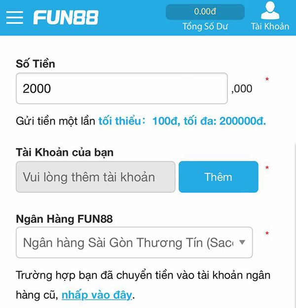 Gửi tiền vào Fun88